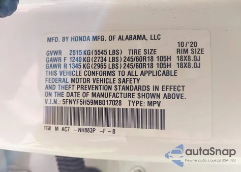 2021 Honda Pilot 2Wd Ex-L из США, поврежденный, VIN 5FNYF5H59MB017028